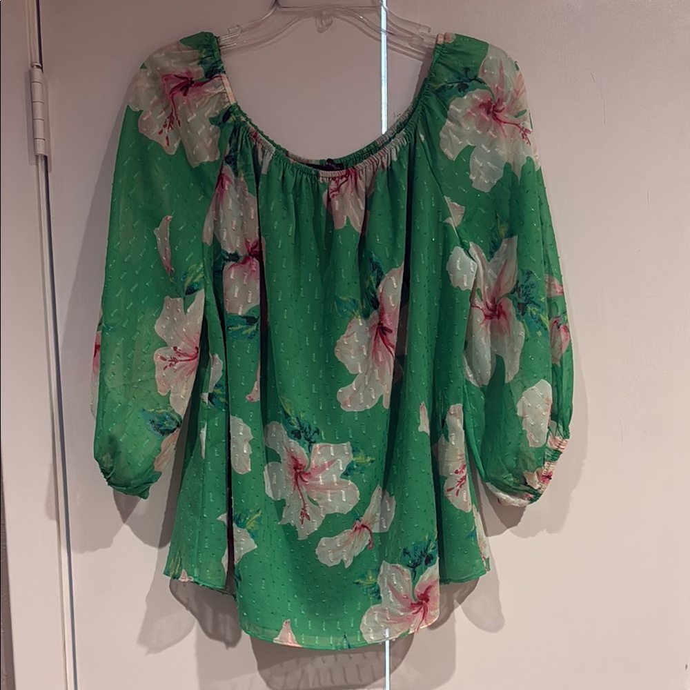 White House Black Market Green and Pink Floral Blouse